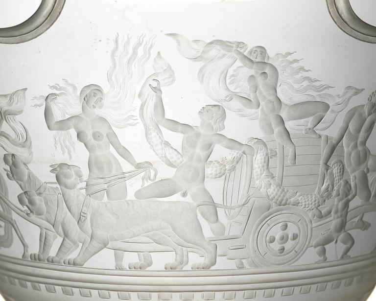Simon Gate, a Swedish Grace engraved "Bacchus" bowl, Orrefors, Sweden 1926, engraved by Arthur Diessner.