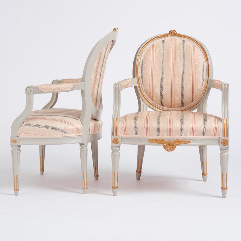 A pair of Gustavian carved armchairs, late 18th century.