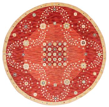 397. Barbro Nilsson, matta, "Röda rabatten", rund, flossa, diameter ca 287 cm, AB Märta Måås-Fjetterström, osignerad.
