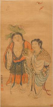 A hanging scroll, ink and colour on silk, Qing dynasty (1644-1912), signed Luo Ling.