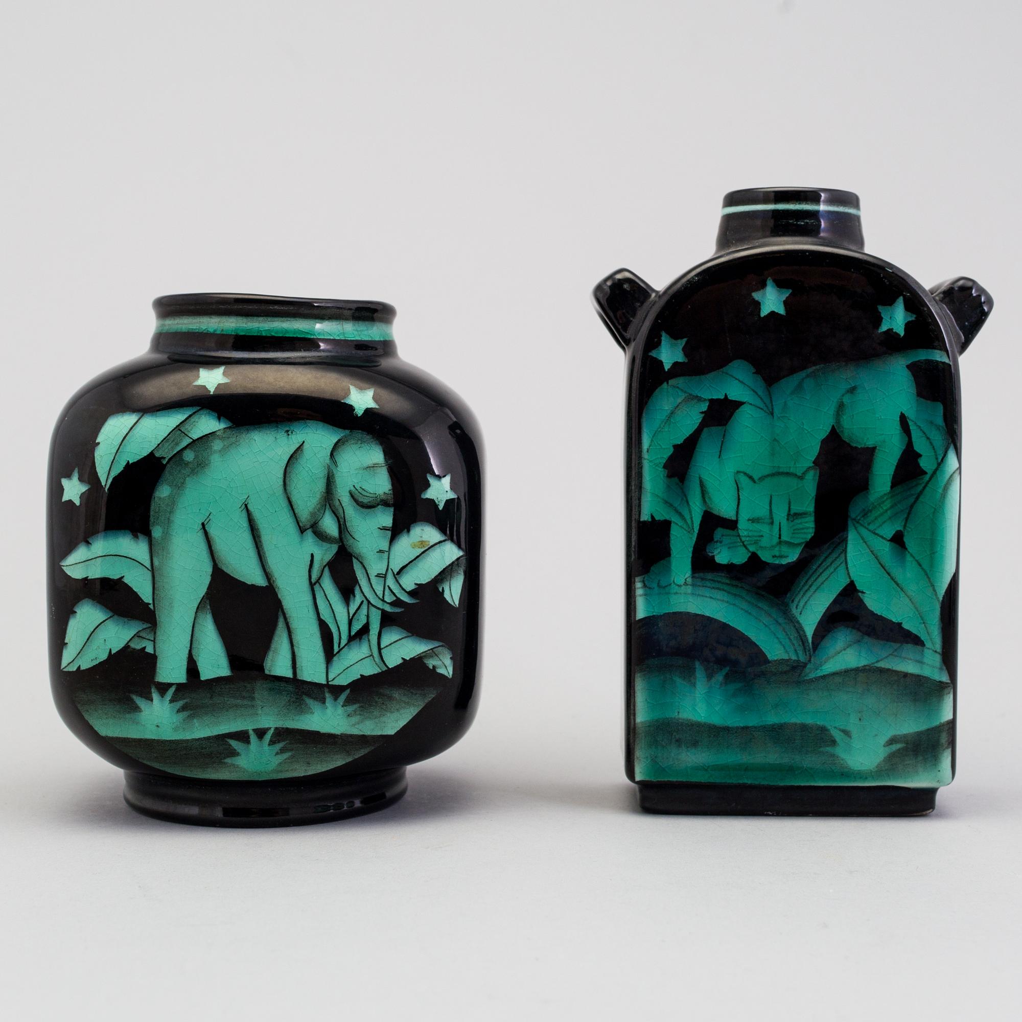 ILSE CLAESSON, 2 vaser, "Serie V", flintgods. Rörstrand 1930-tal.