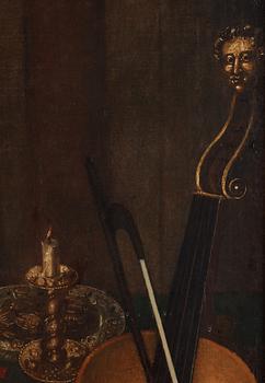 Unknown artist 17th Century. Vanitas with silver objects, musical instruments and a skull.