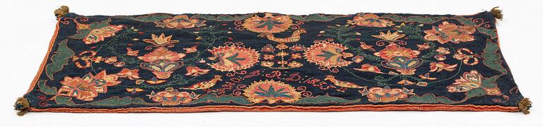 An embroidered carriage cushion from Scania, ca 102 x 77 cm, signed and dated ANO BRD 1833.