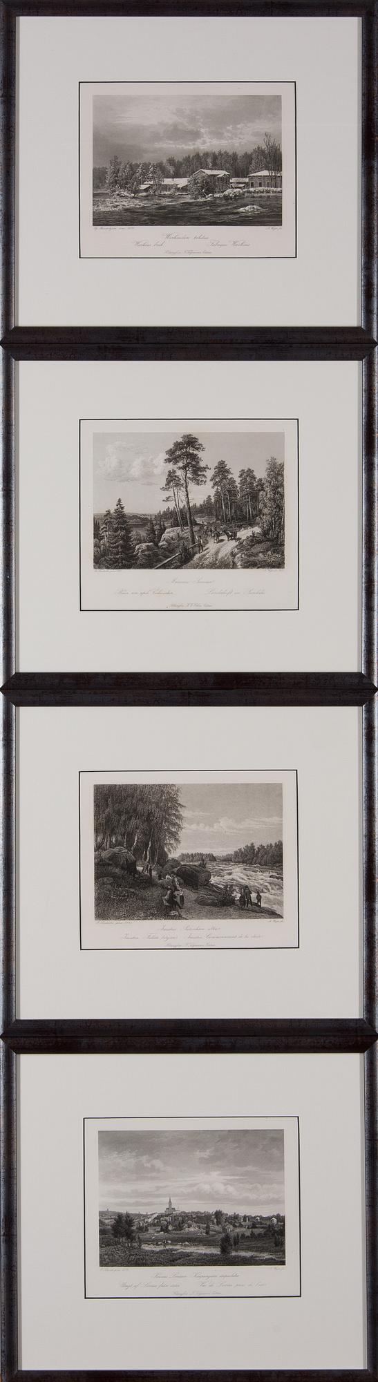 PARTI GRAVYRER, 4 st, stålstick, "En resa i Finland", A. Weger, 1870-tal.