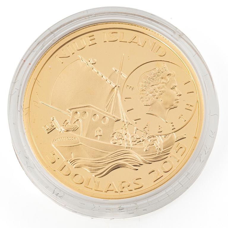 Gold coin, 21,6 karatm Pippi in the South Seas, 5 Niue dollars, 2015.
