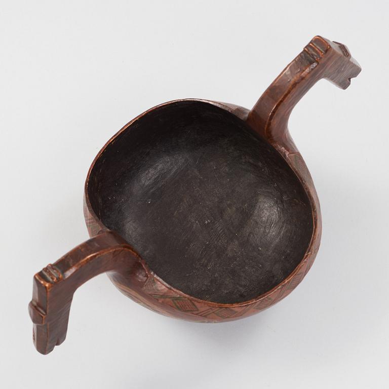 A Norwegian 19th century "Kjenge" painted carved wood ale cup bowl.