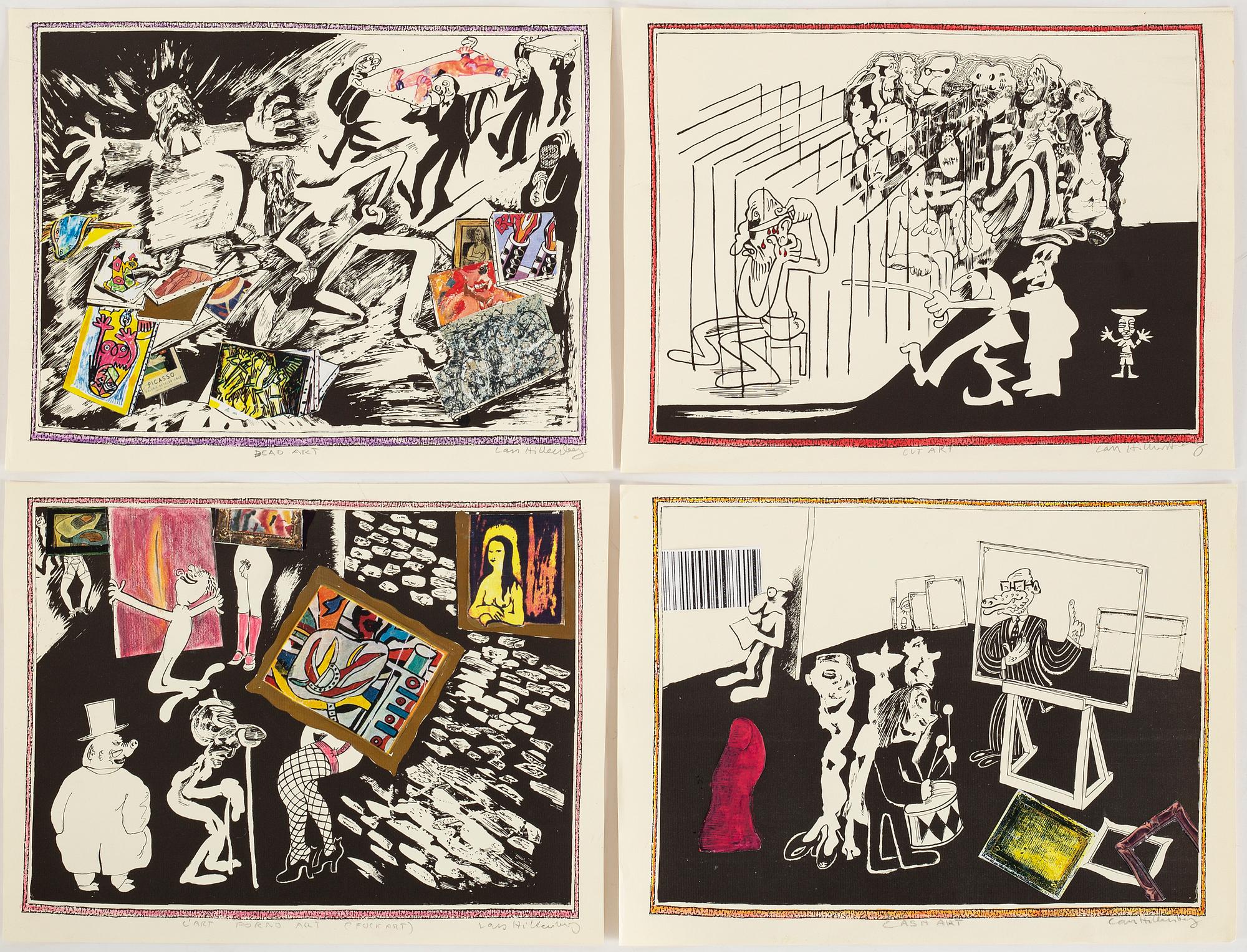 Lars Hillersberg, handkolerad litografier/collage, 4 st, signerade.