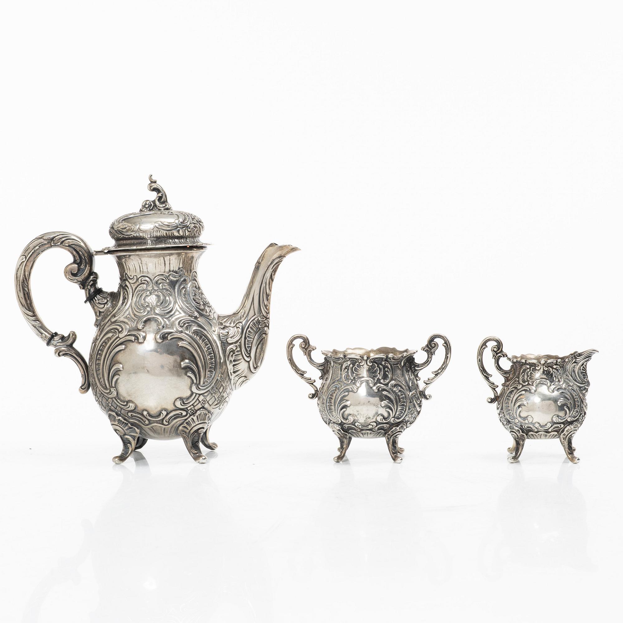 A three-piece rococo-style silver coffee service, GEWE, Malmö, 1955.