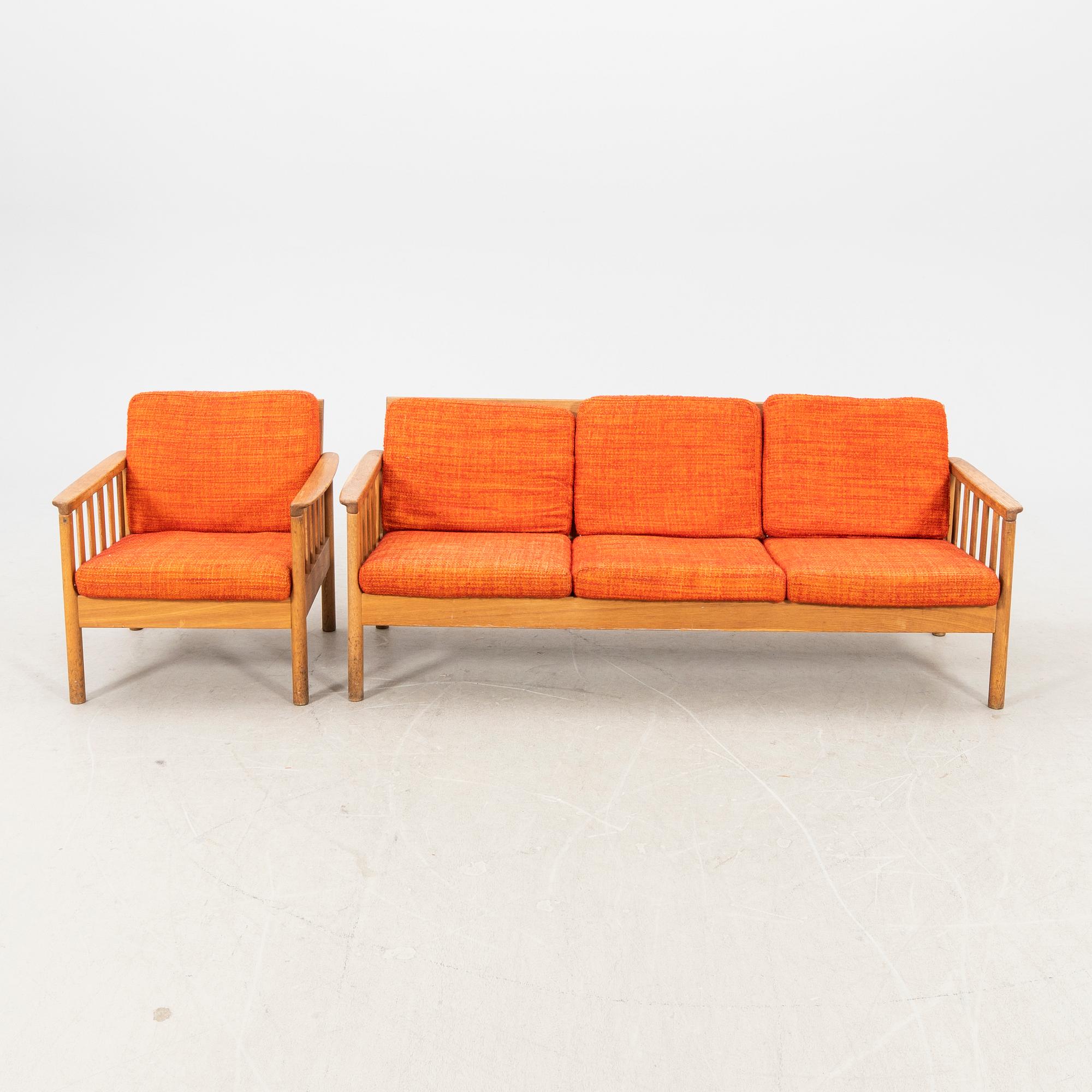 An oak easy chair ans sofa "Tiveden" by Gunnar Myrstrand & Sven Engström from the middle of the 20th century.
