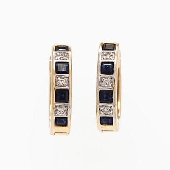 Korvakorut, 8/8-hiotut timantit, neliöhiotut safiirit, 14K kultaa.