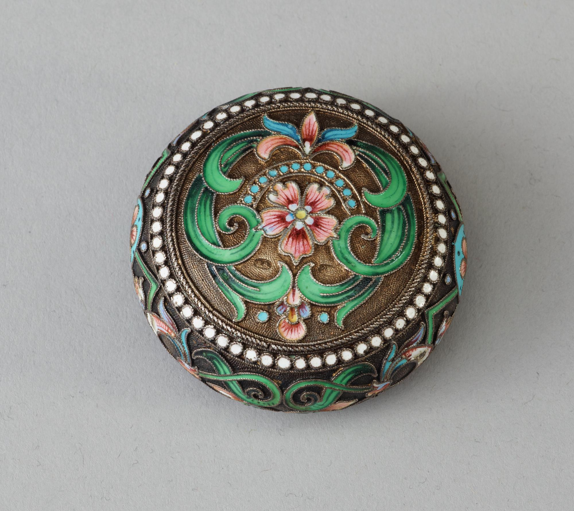 A Russian silver and cloisonné enamel piller-box, unidentified maker, Moscow 1896-1908.