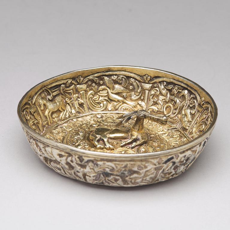 A parcel-gilt silver repoussé bowl, possibly Serbia 17th century, unmarked.