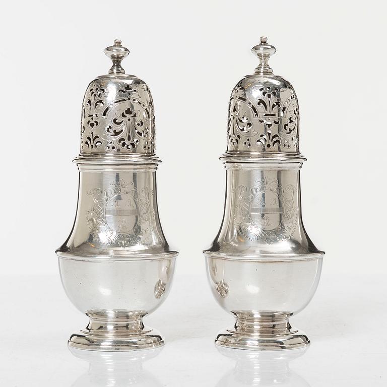 A pair of Britannia standard silver sugar-casters, marks of Samuel Welder, London, 1723.