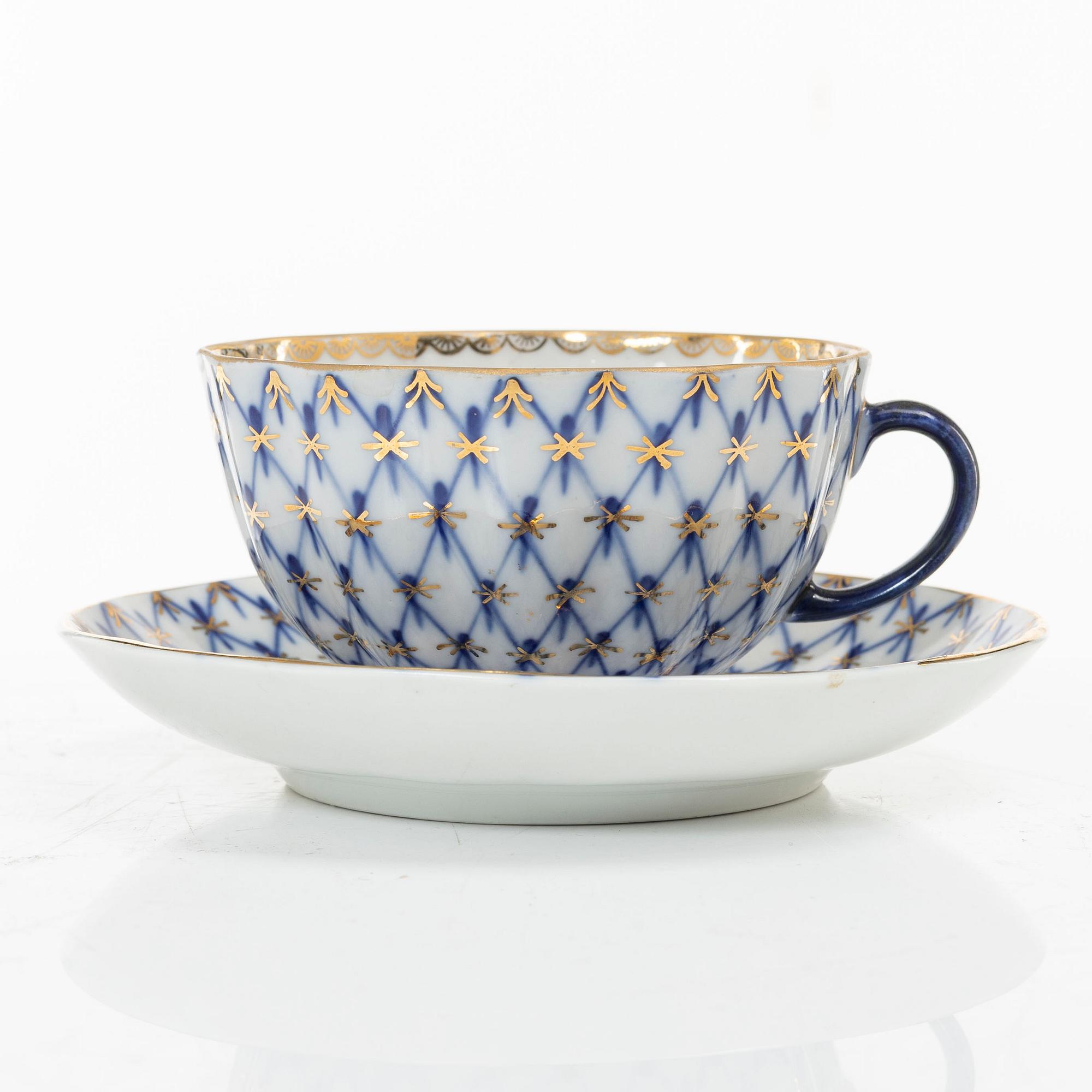 A 15-piece coffee and tea service, 'Cobalt Net', Lomonosov, Soviet Union.