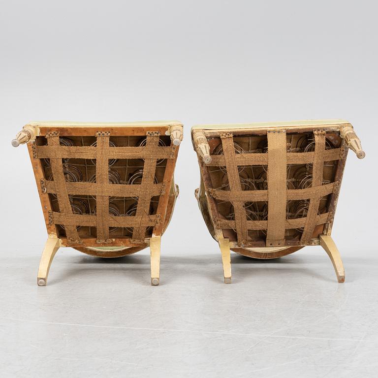 A matched pair of Gustavian style armchairs. One from around the year 1800 and one from around the year 1900.