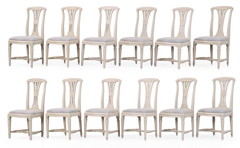 Twelve matched Gustavian late 18th century chairs.