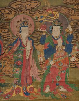 Two Chinese scroll paintings of Heavenly and Earthly Deities from the Water-Land Ritual, late Qing dynasty.