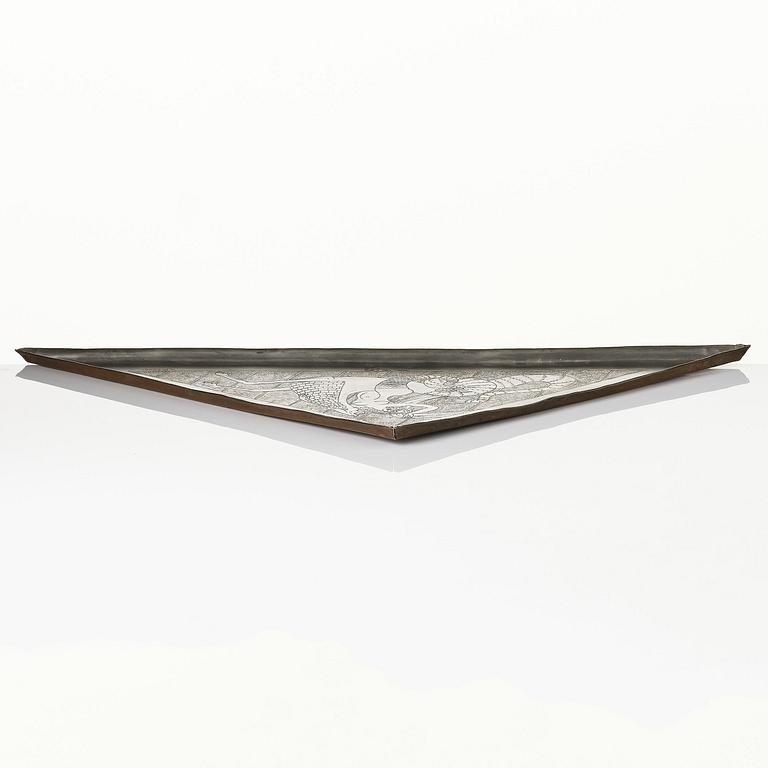 Anna Petrus, a rare pewter and brass tray, executed in her studio, Stockholm, ca. 1922–24.