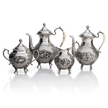 345A. Kaffe- och teservis, 4 delar, silver, Persien (Iran), 1900-talets förra hälft.