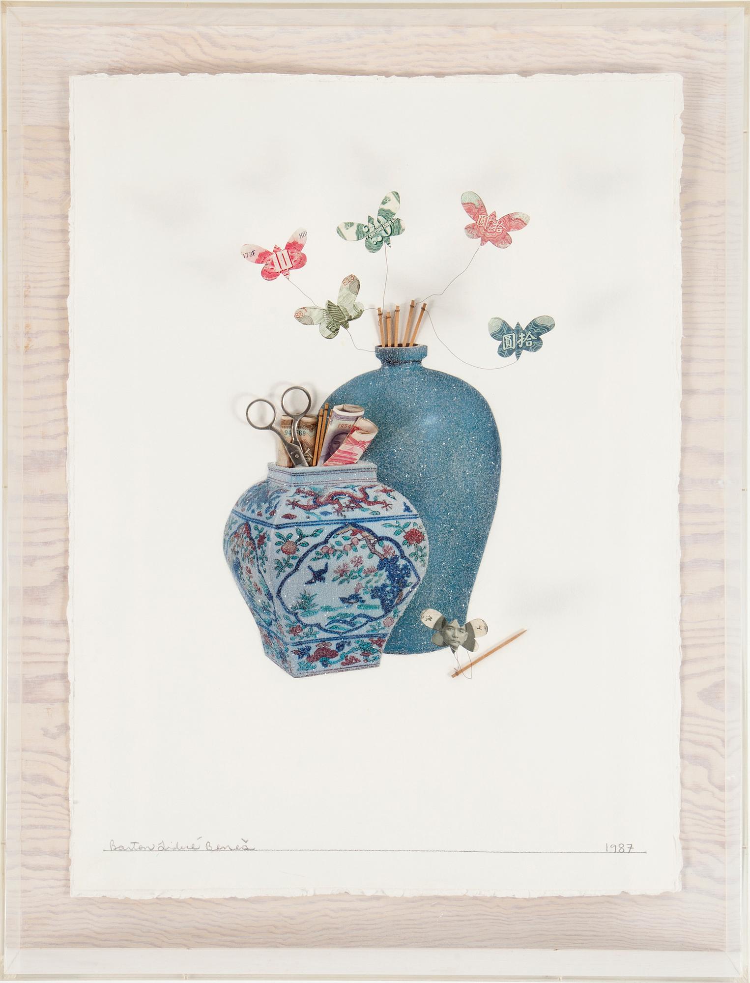 BARTON LIDICE BENES, collage/blandteknik på papper i plexilåda, signerad Barton Lidice Benes & daterad 1987 med blyerts.