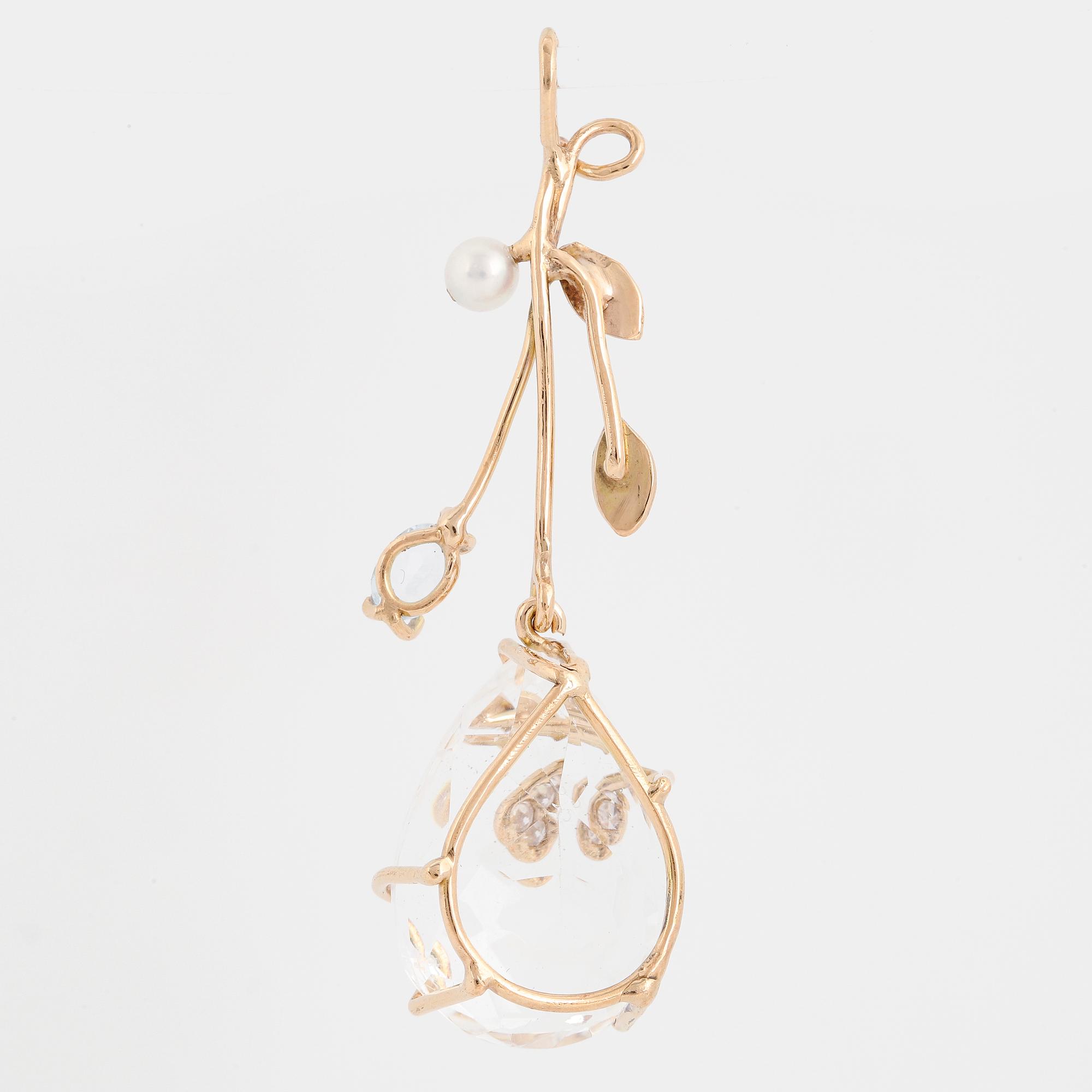 Rock crystal, aquamarine, pearl and diamond pendant.