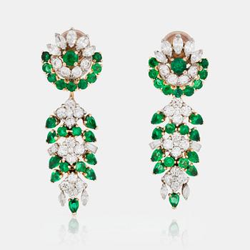 751. A pair of Marchak, Paris, emerald and diamond earrings.