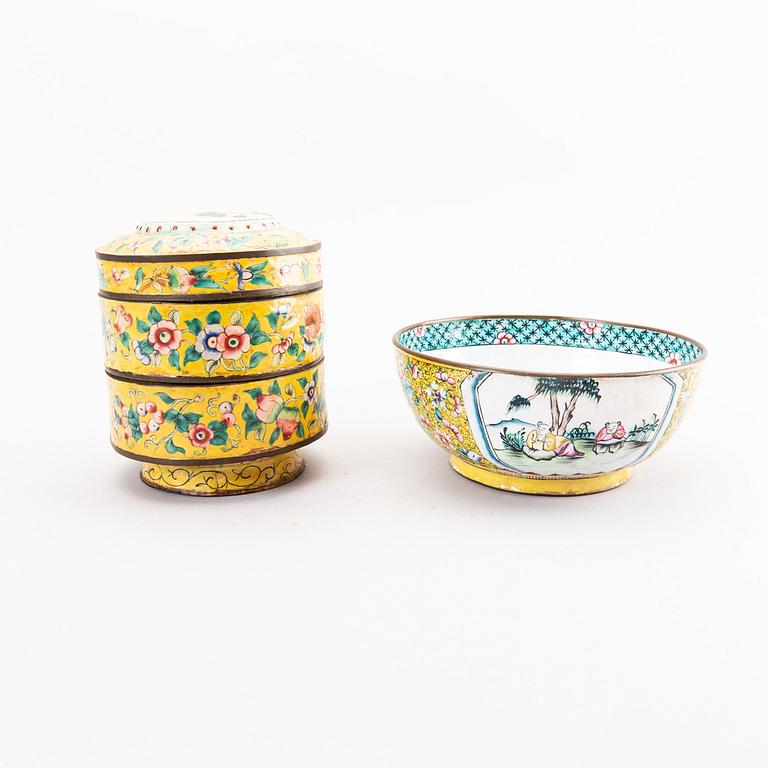 A Chinese 19th century cloisonné bowl and box with lid.