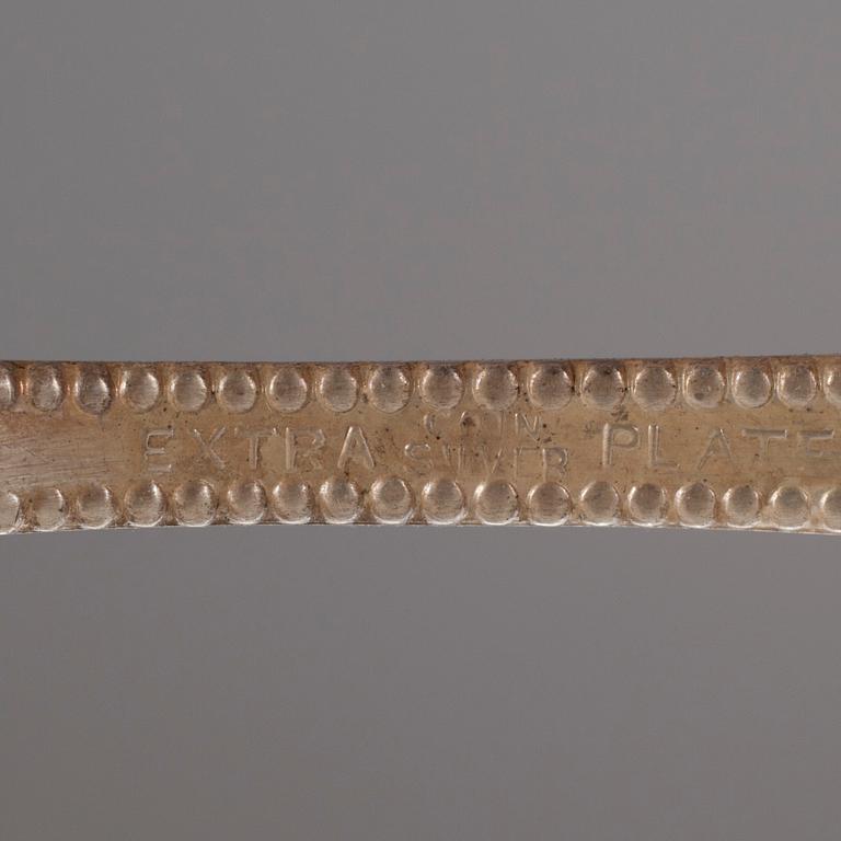 KANNELLINEN MALJA, 12 kpl lusikoita. Leimattu "Extra coin silver plate". Englanti, vuosisadanvaihde 1800/1900.