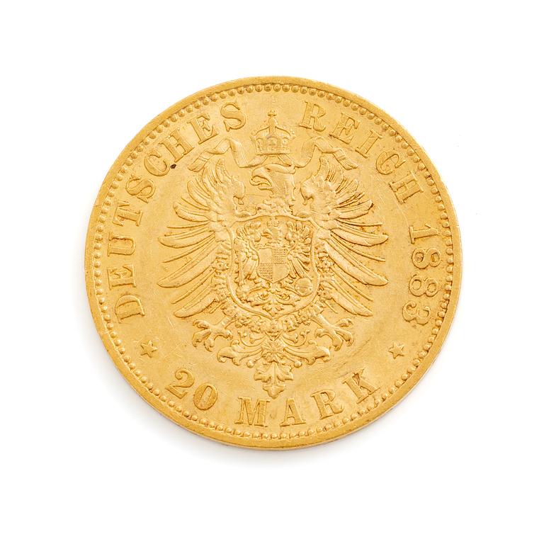 Guldmynt, Tyskland, Willhelm, 20 mark, Tyskland 1883.