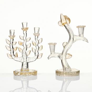 Ercole Barovier, two glass candelabra, Barovier & Toso, Murano, Italy mid 1900s.