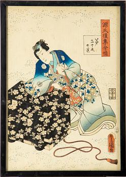 UTAGAWA KUNISADA,  (1786–1864), färgträsnitt, två st. Japan, från "Lingering Sentiment", 1800-tal.