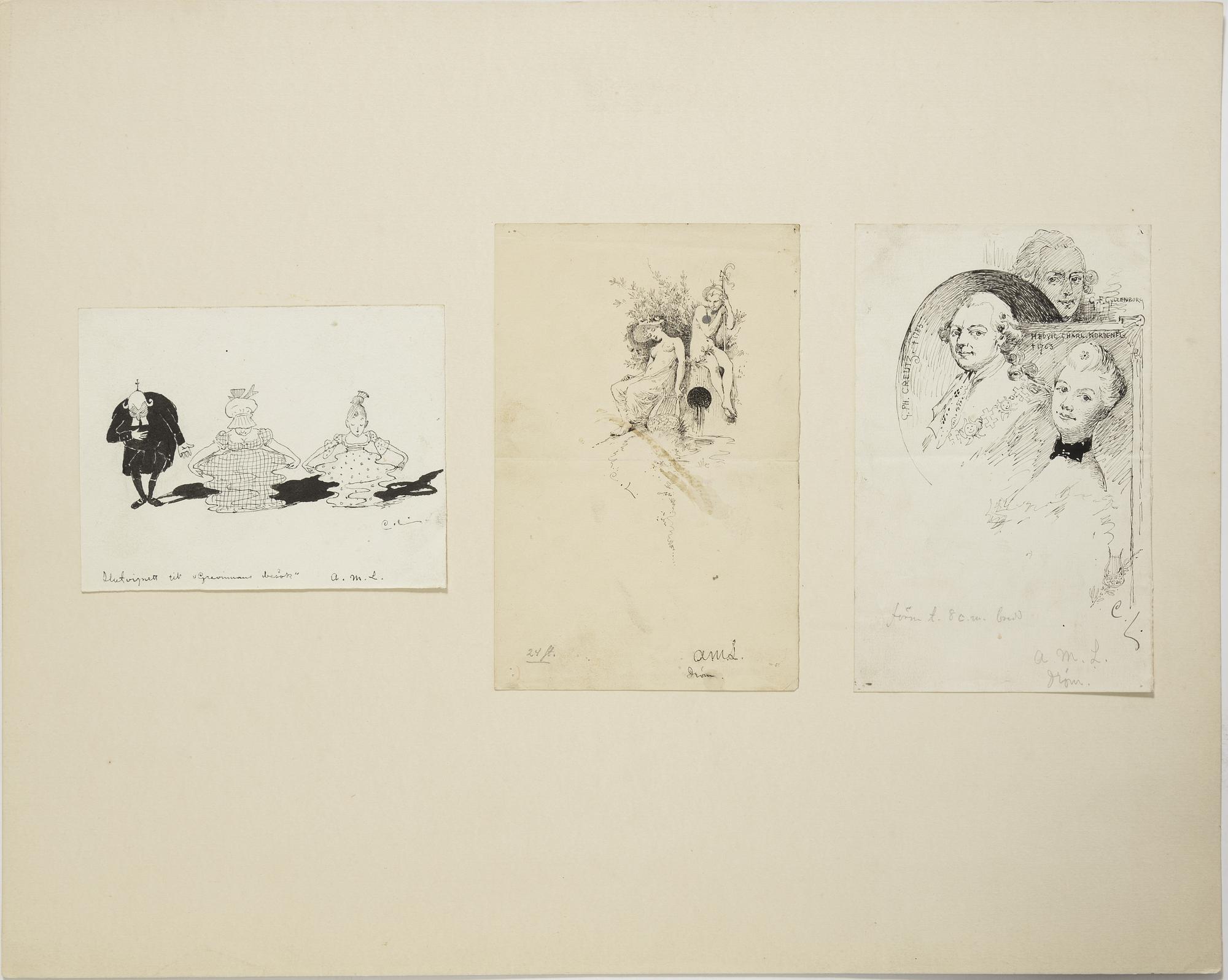 Carl Larsson, 6 st teckningar, signerade C.L., tusch och täckvitt på papper, monterade på kartong.