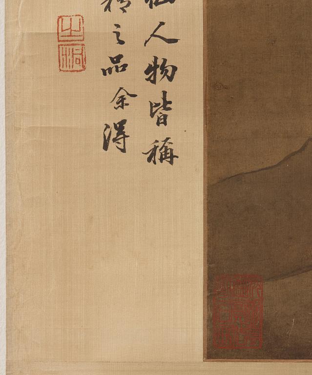 A hanging scroll of a landscape with figures, in the style of the Tang artist Zhu Niching, Qing dynasty, 19th century.