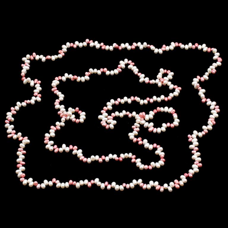 Two necklaces of cultured, freshwater pearls.