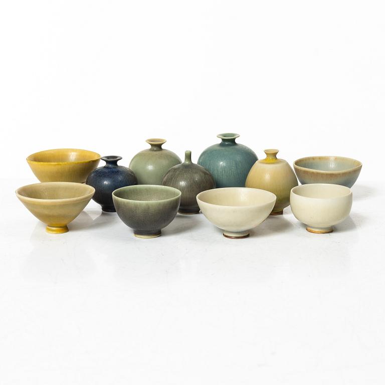 Berndt Friberg, miniature vases, eleven pieces, stoneware, Gustavsberg Studio 1960s/70s.
