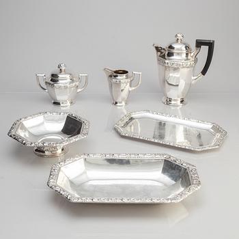 Kaffeservis, skålar samt bricka, 6 delar, silver, Danmark, bl a 1919.