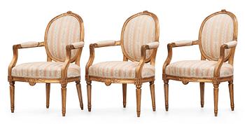 480. Three Gustavian 18th century armchairs.