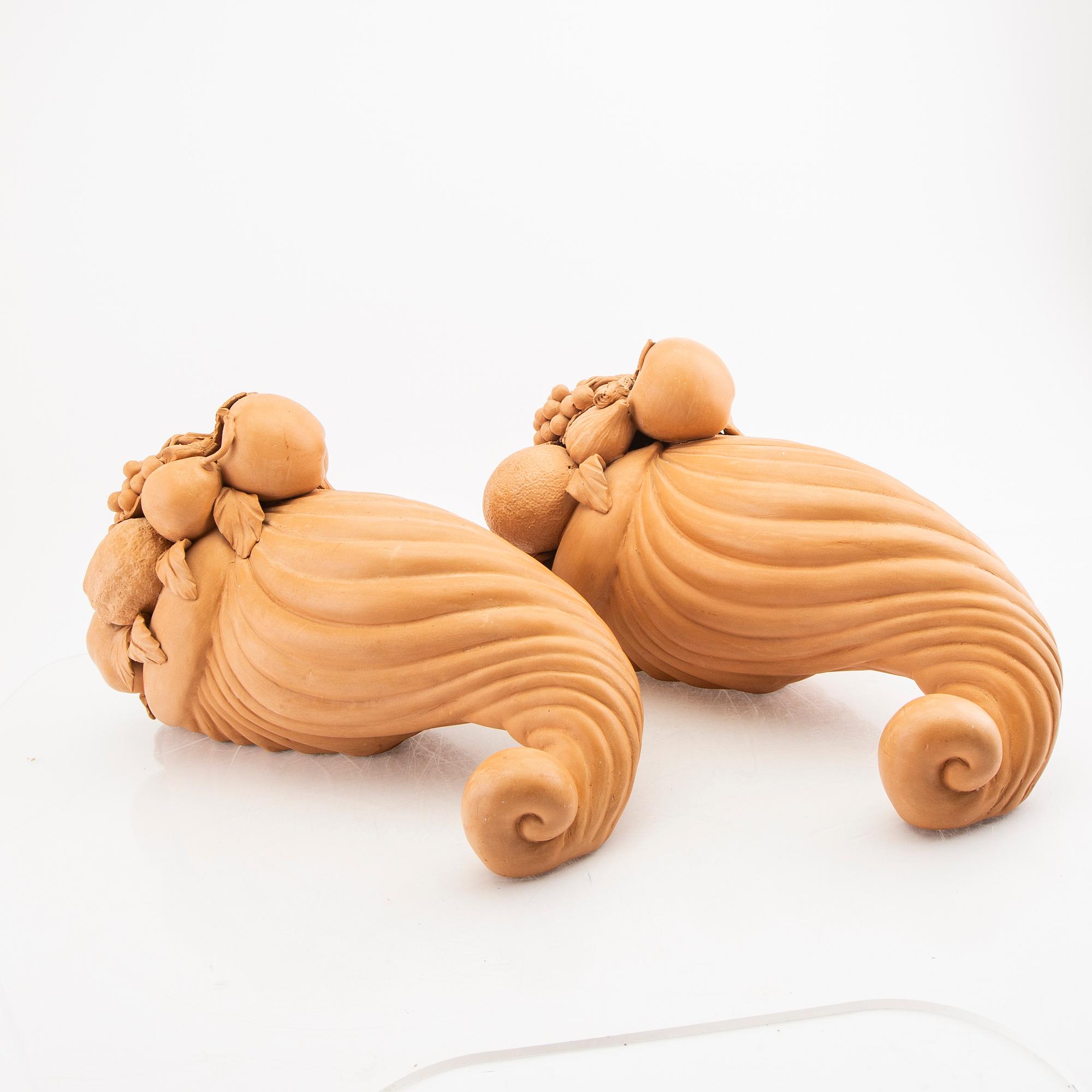 Two terracotta cornucopia by possible Alberto Poletti, Impruneta, Florence, Italy.