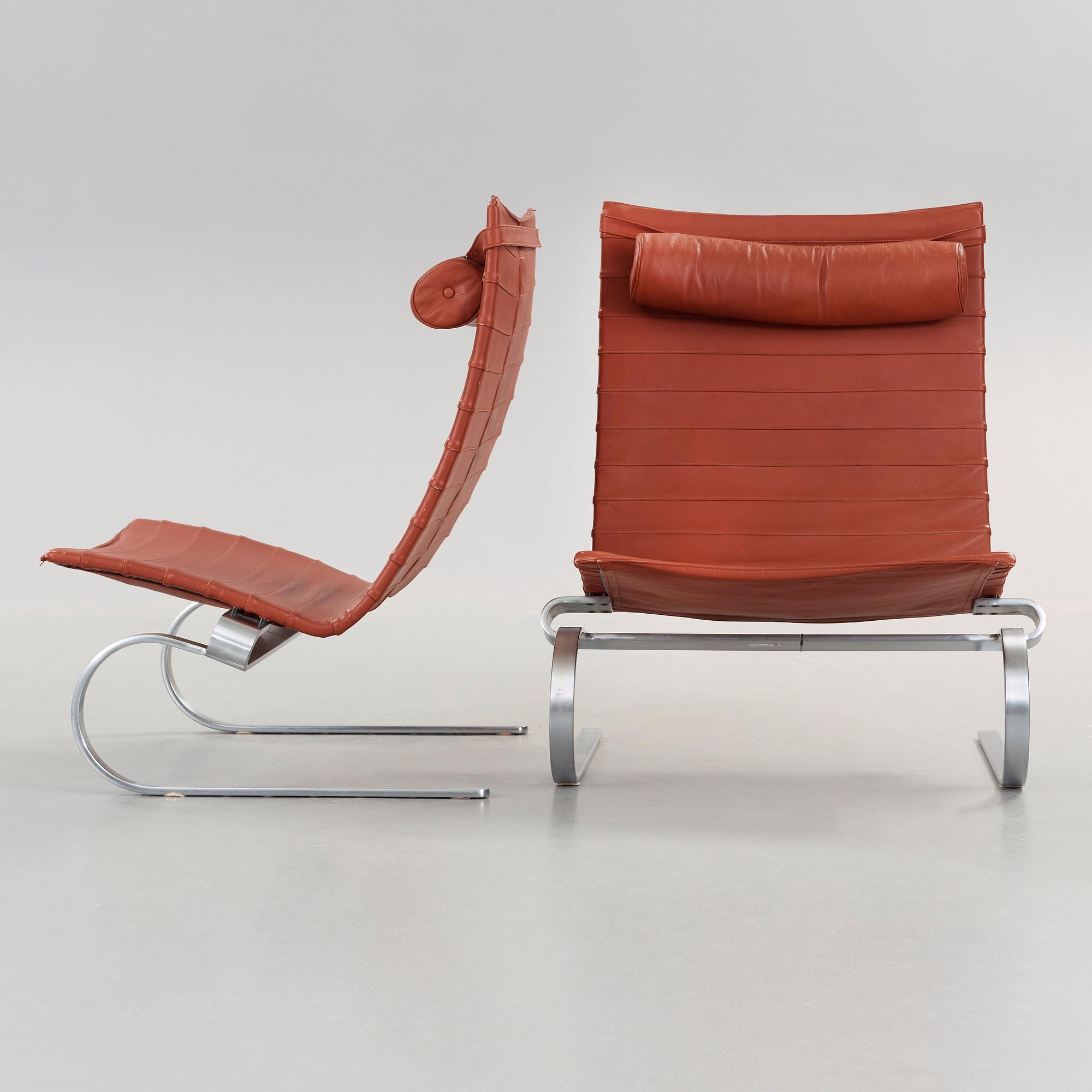 Poul Kjaerholm, fåtöljer, ett par, "PK-20", Fritz Hansen, Danmark 1990.
