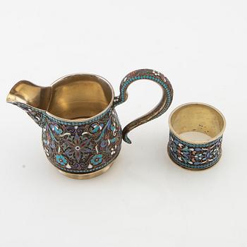 Cream jug and napkin ring Russia silver and enamel 1908-26.