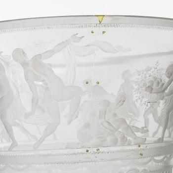 Simon Gate, skål med fat, graverat glas, modell 122, Orrefors 1927.