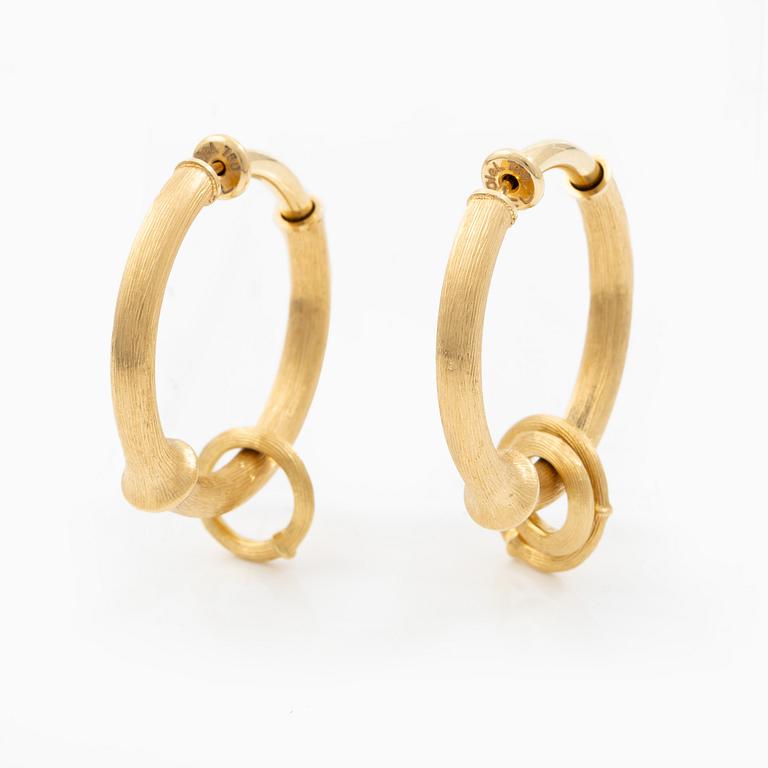 Ole Lynggaard, Earrings, a pair, "nature large hoop", 18K gold with three pendants, "nature hoop pendant" design by Charlotte Lynggaard.