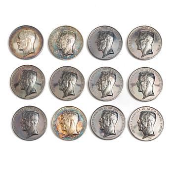 Twelve silver medals, Kungliga Myntverket, Sweden, early 20th century.