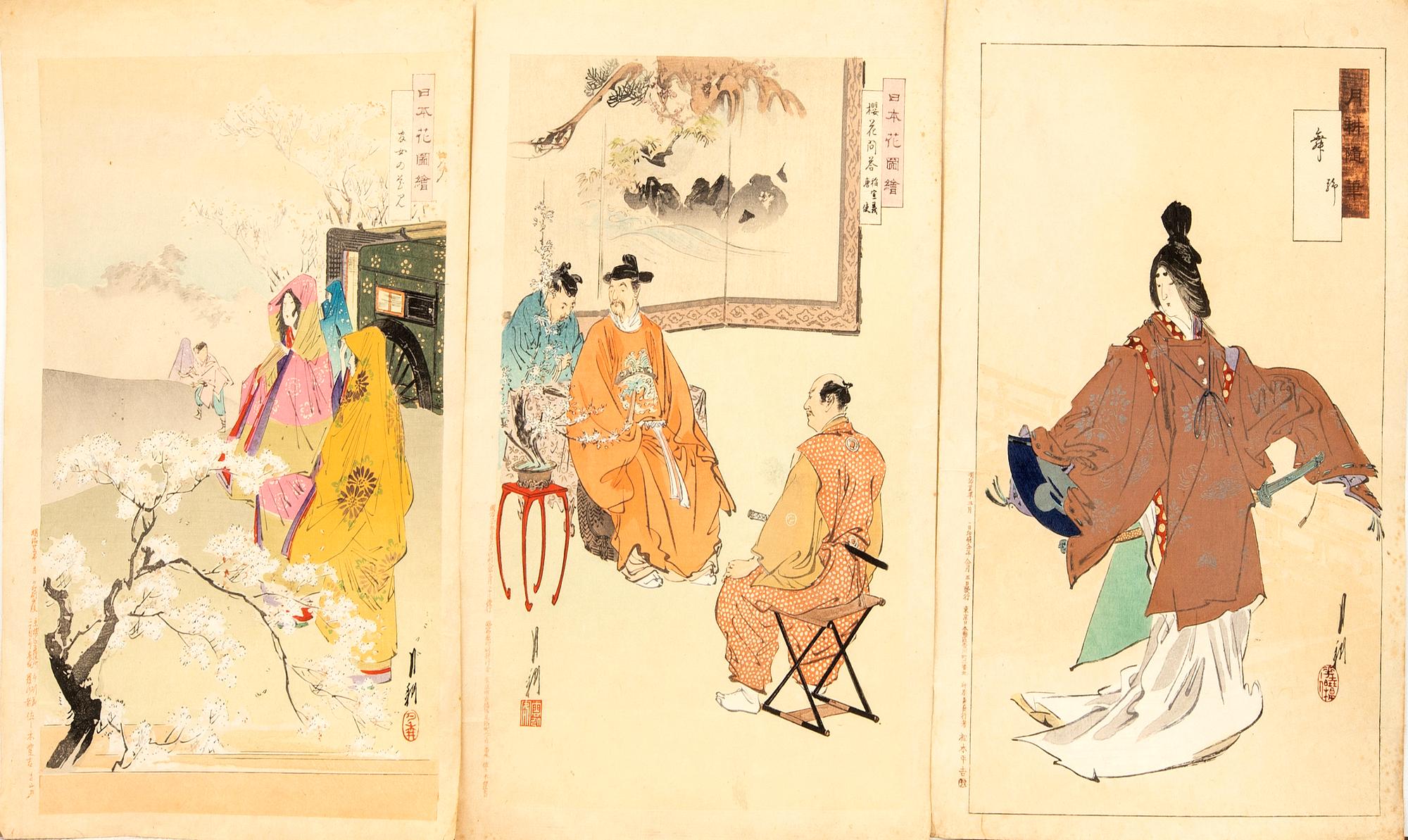 Ogata Gekko, three color woodblock prints, Japan 1890s.