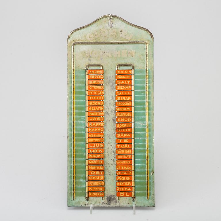 INKÖPSSKYLT, plåt, 1900-talets mitt.