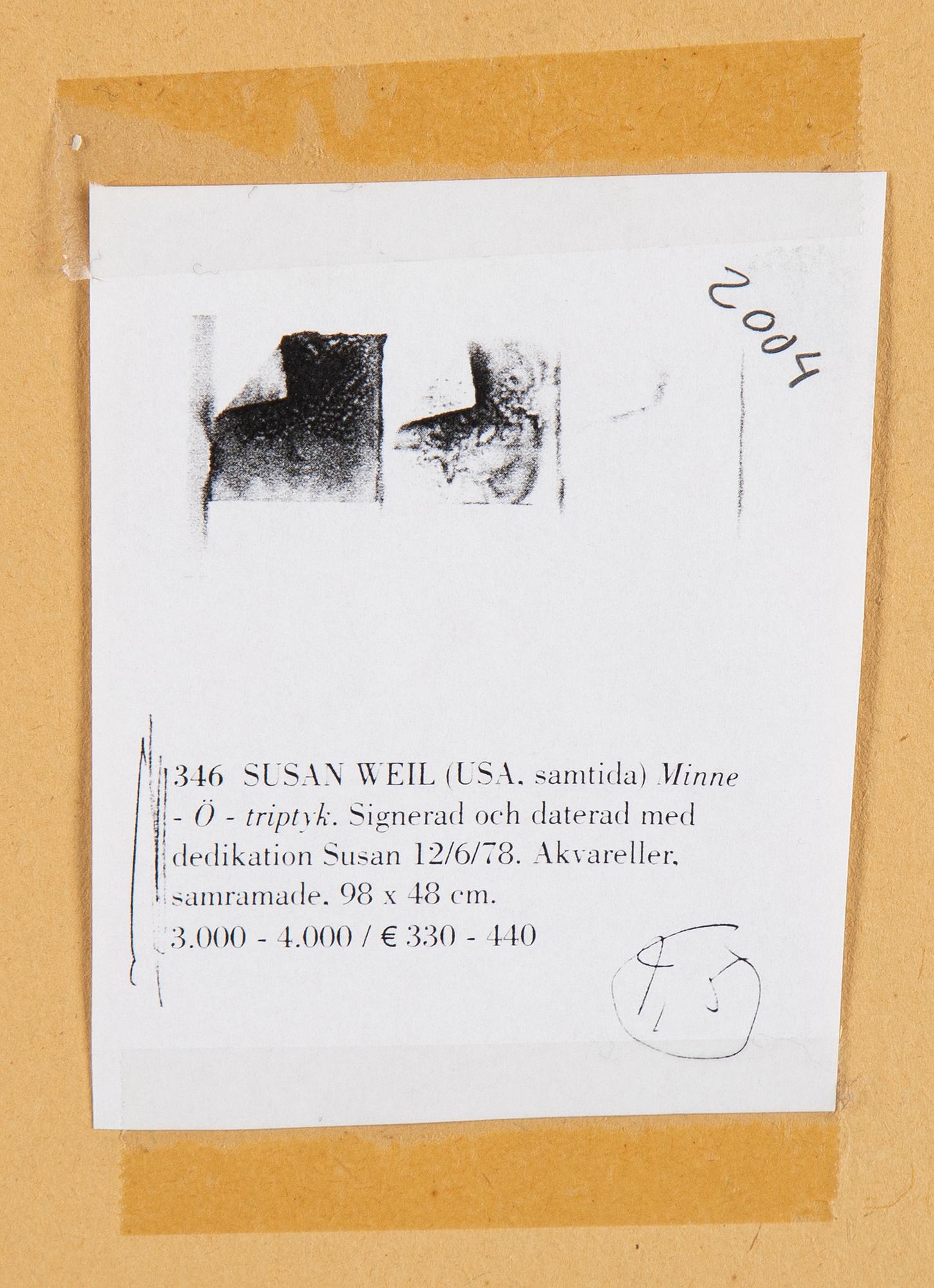 Susan Weil, tripthyk, watercolours, signed and dated -78 with deication.