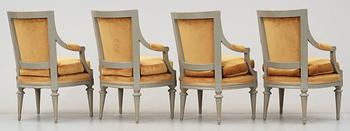 Four Gustavian late 18th century armchairs.