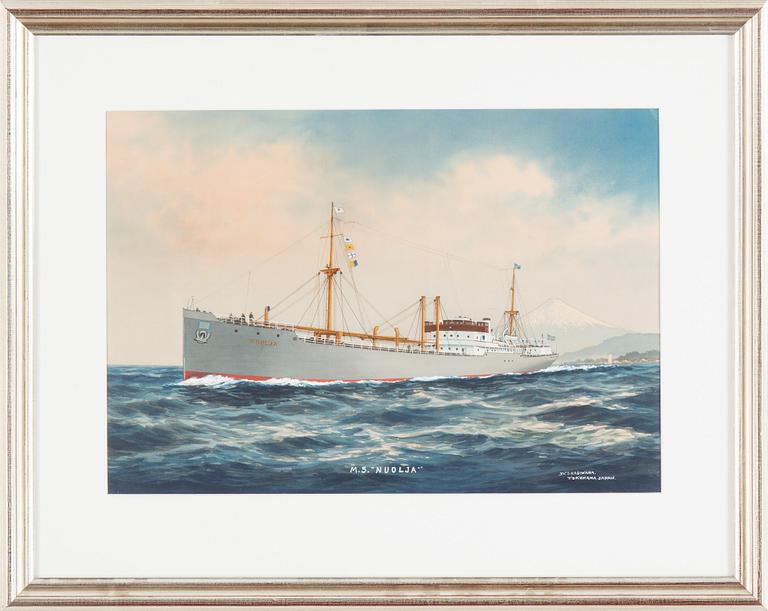 T HAGIWARA, akvarell/gouache med täckvitt, signerad T. Hagiwara, Yokohama, Japan.