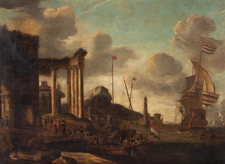Abraham Storck Hans krets, Hamn vid Medelhavet med båtar och figurer.
