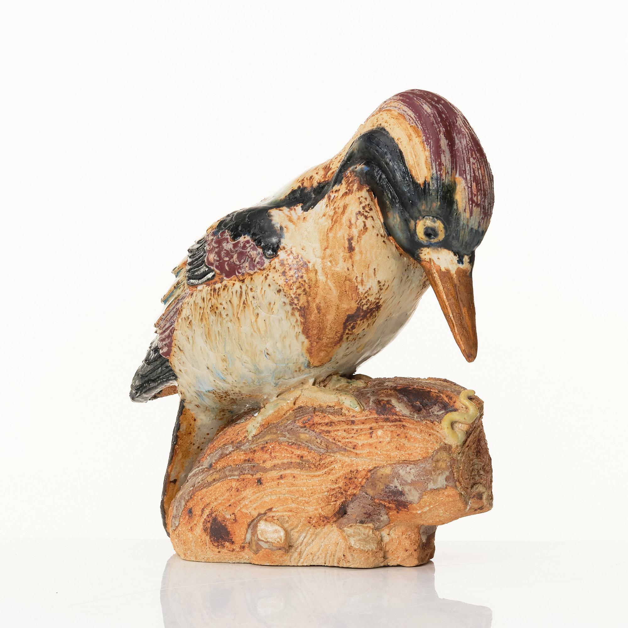 Tyra Lundgren, a stoneware sculpture of a woodpecker, Gustavsberg Sweden, 1940s.